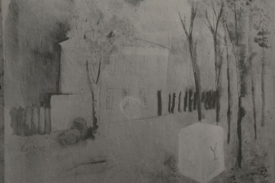 František Kaláb, Krajina s domem a bílým patníkem, akvarel, kvaš, perokresba, 34,1 x 45,2 cm